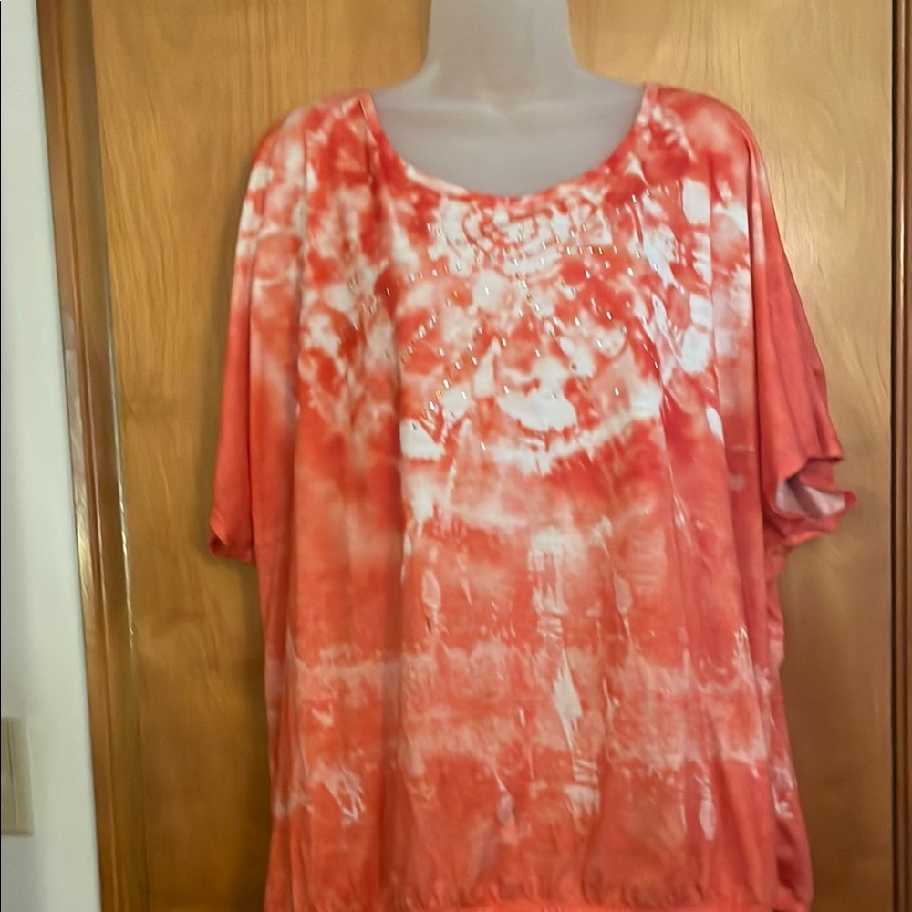 Style & Co. Orange and White Oversized Short Sleeve Blouse With Elastic Bottom